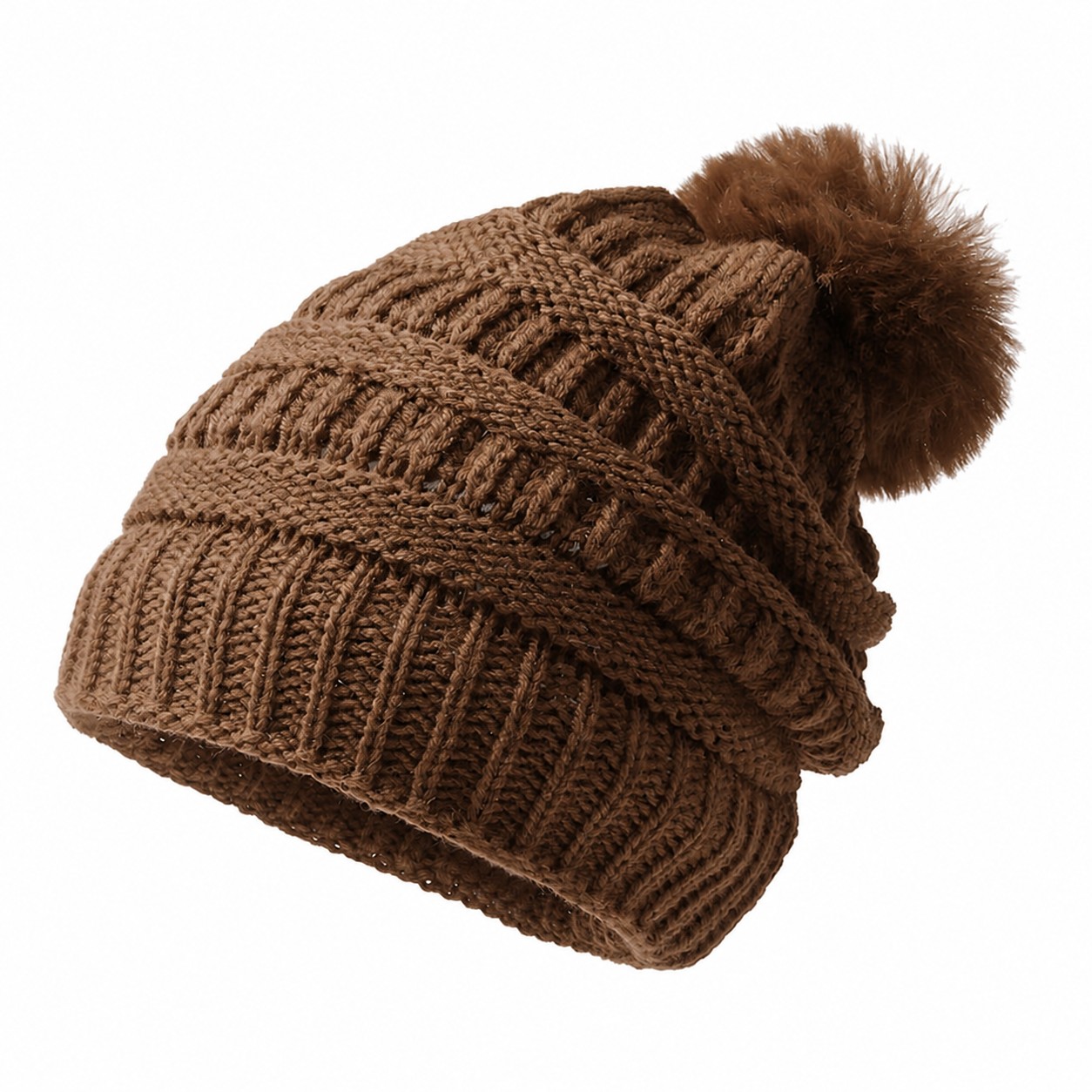 Ribbed Acrylic Pom Beanie Hat — Brown
