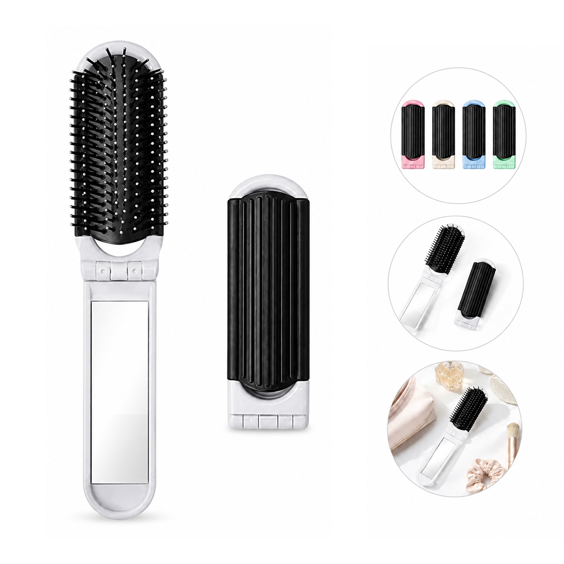 Foldable Plastic Hair Brush And Mirror