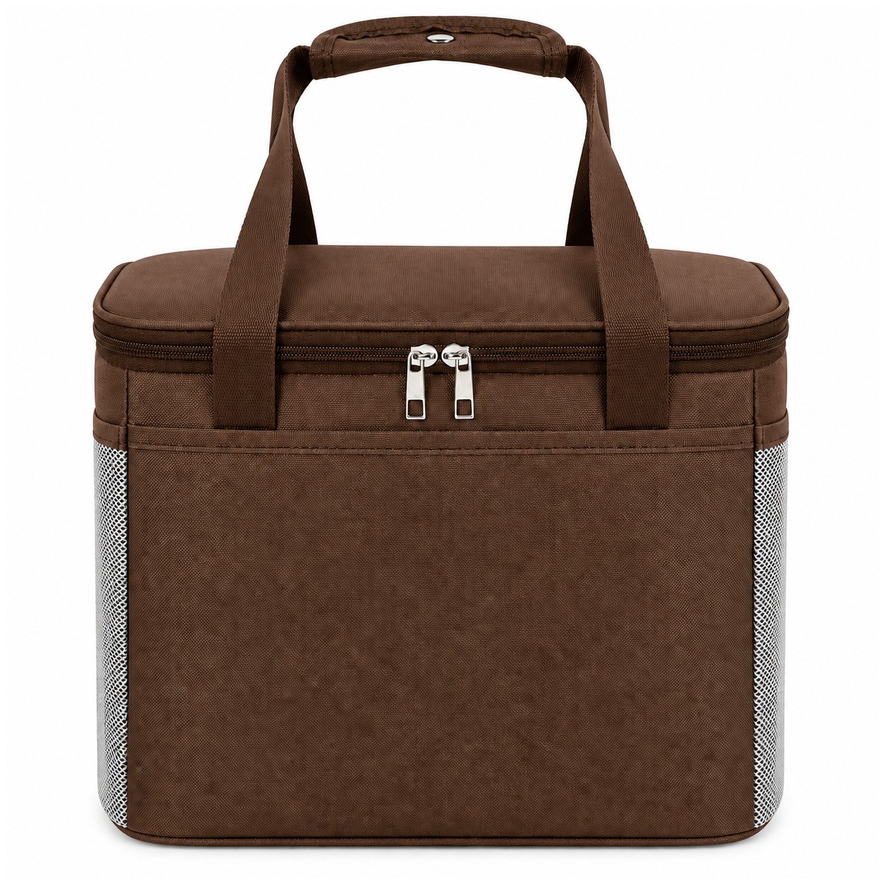 Nylon Dual Zipper Insulated Cooler Bag w/ Mesh Pockets — Brown