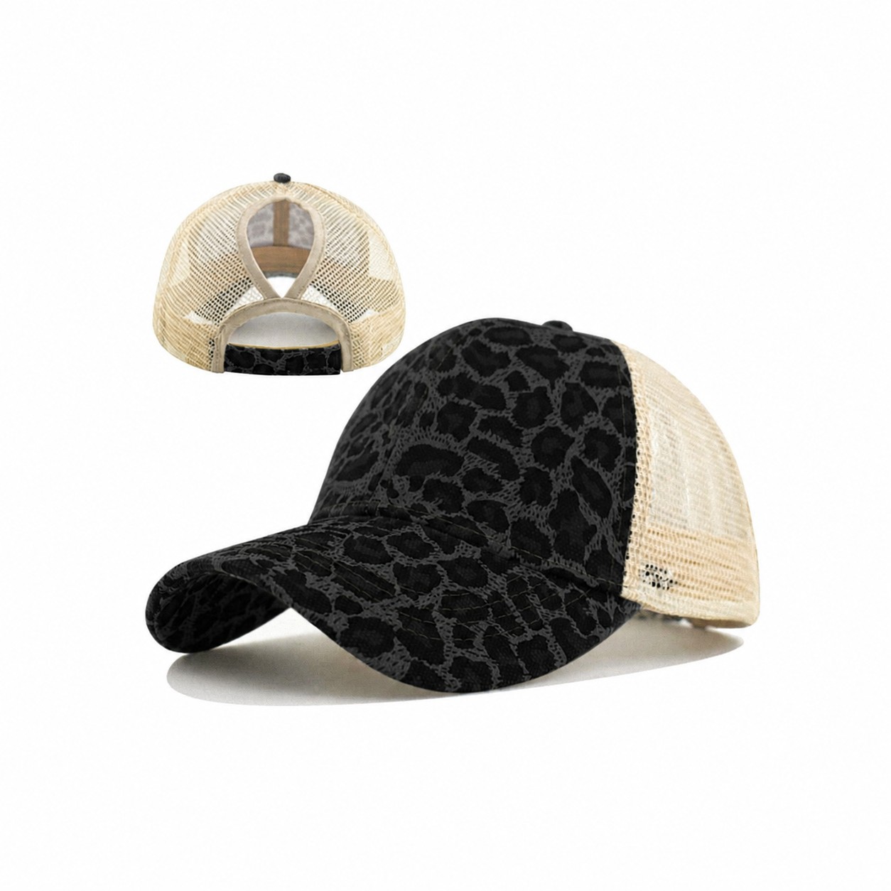 Leopard Polyester Ponytail Trucker Cap — Black