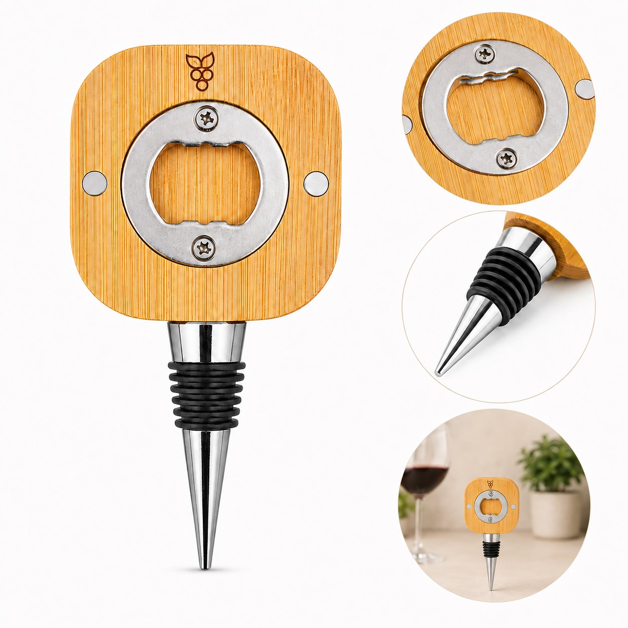 Bamboo Stopper With Integrated Bottle Opener