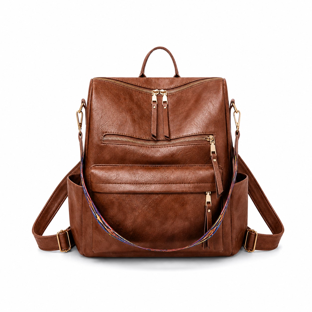 PU Leather Backpack Purse With Strap — Brown