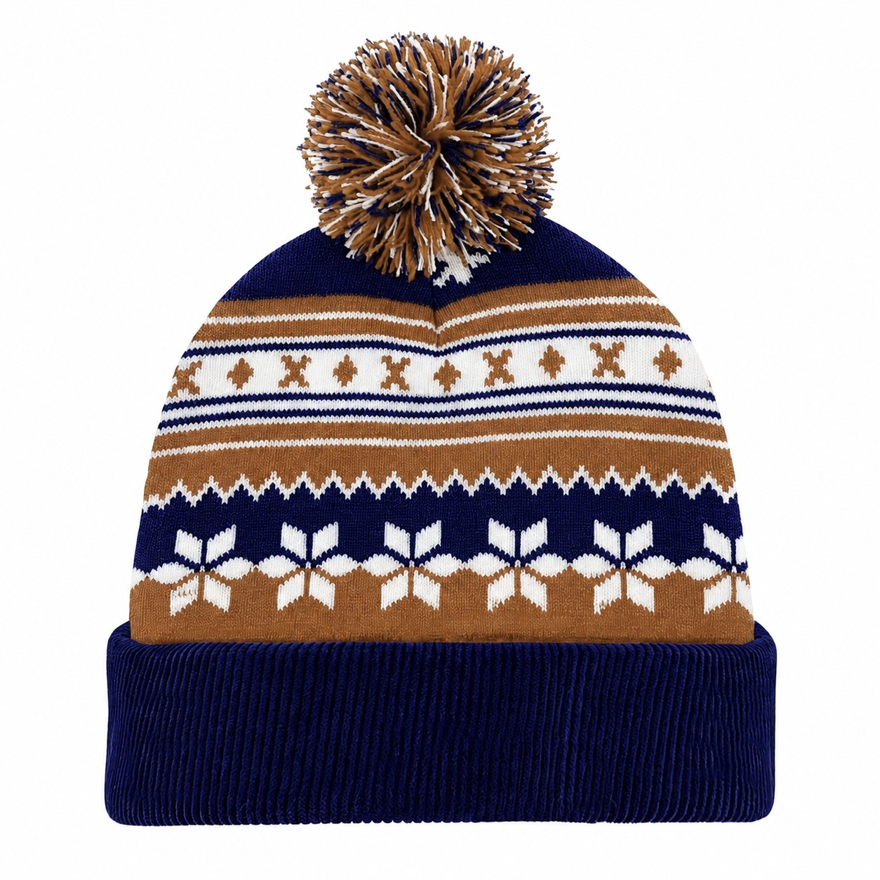 Jacquard Polyester Pom Beanie — Caramel Brown