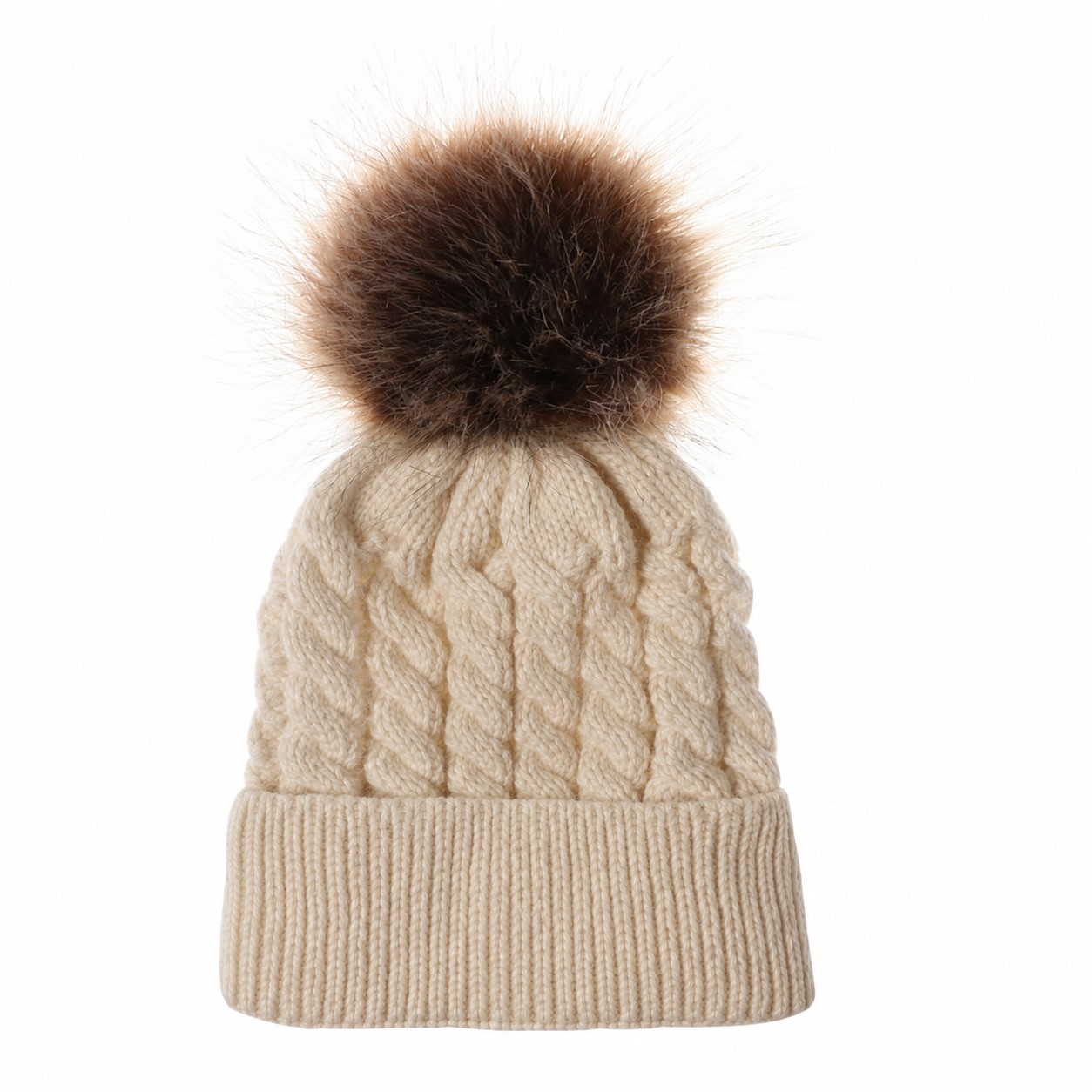Nylon Cuffed Pom Beanie Hat — Beige