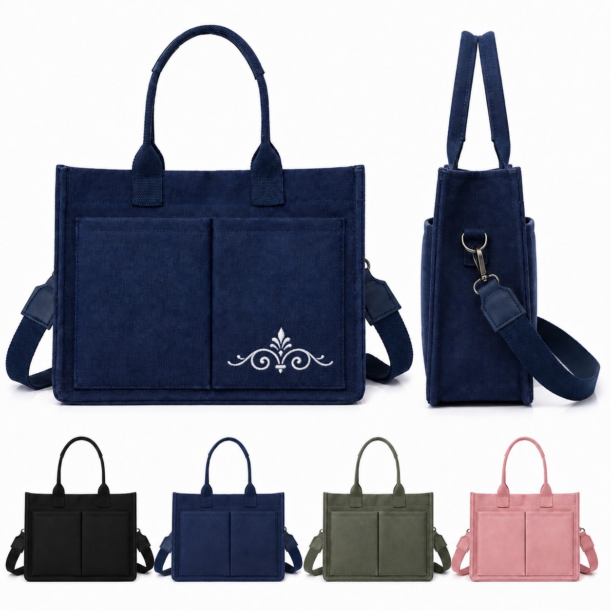 Square Canvas Work Tote With Front Pockets