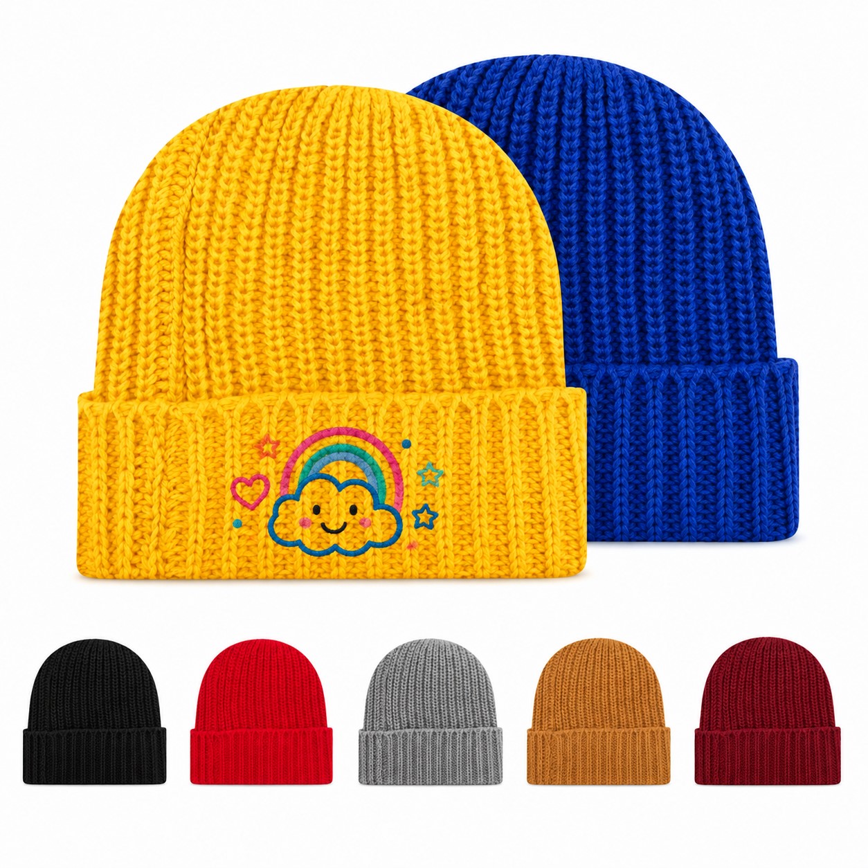 Ribbed Acrylic Beanie Hat With Turned Cuff