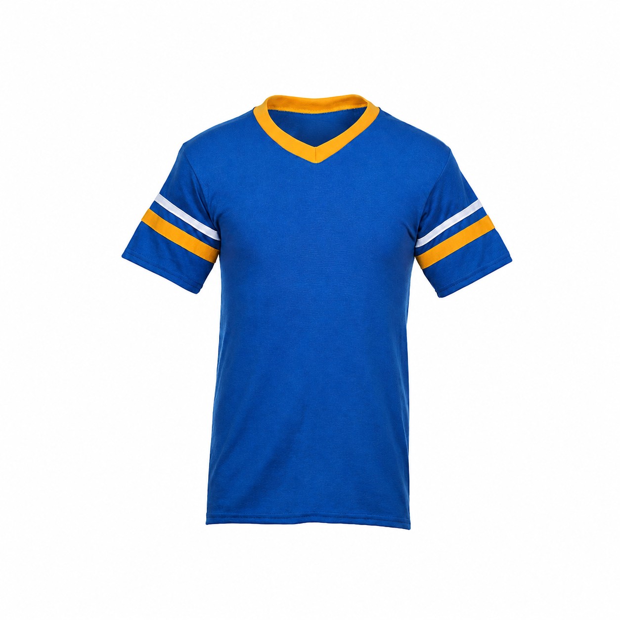 Stripe Trim Cotton Polyester V Neck Shirt — Blue