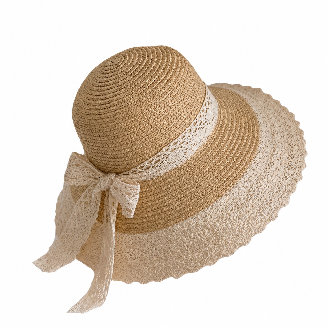Lace Trim Straw Beach Hat — Khaki Beige
