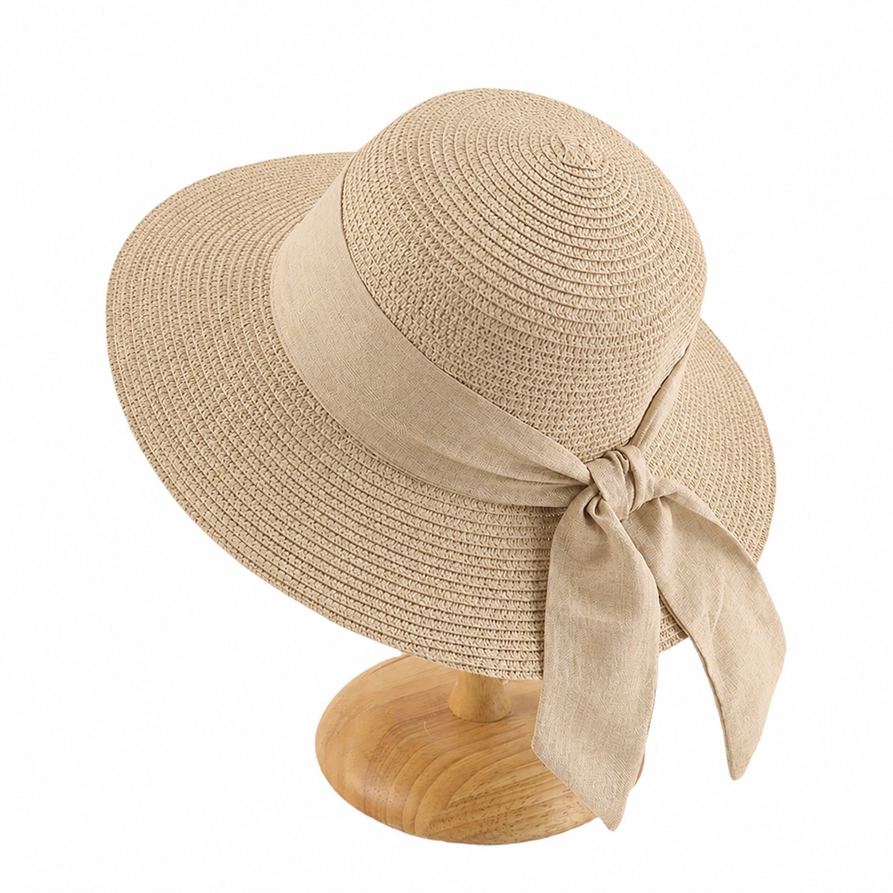 Straw Tie Band Sun Hat — Khaki Beige