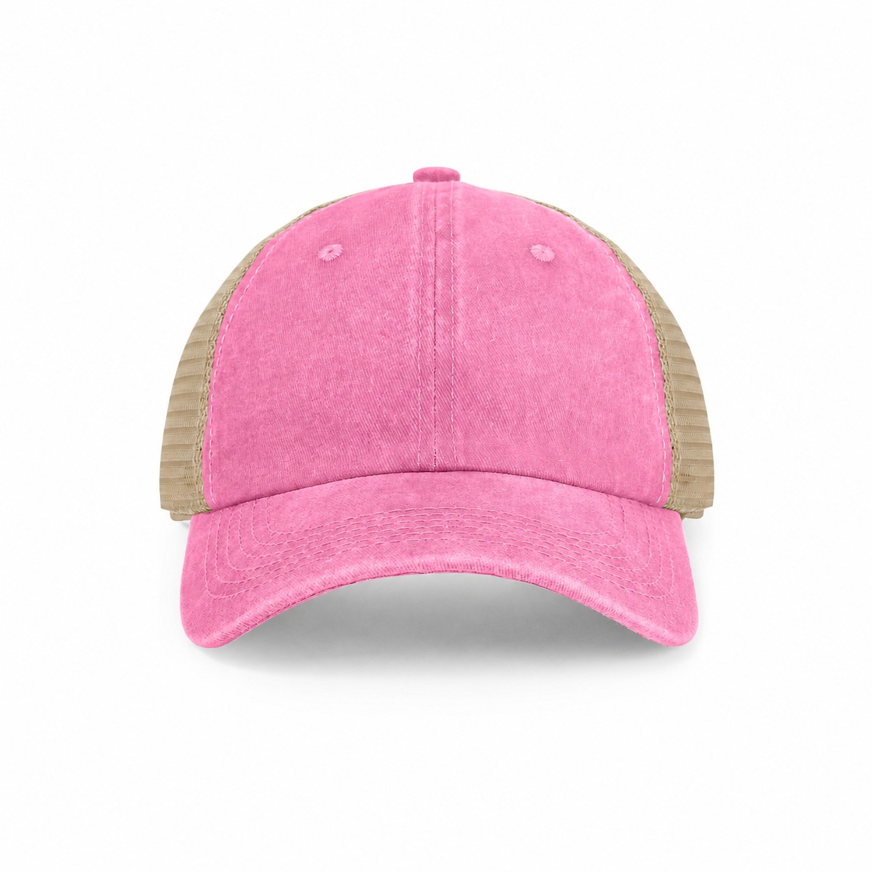 Pigment Dyed Mesh Trucker Cap — Pink/Khaki Beige