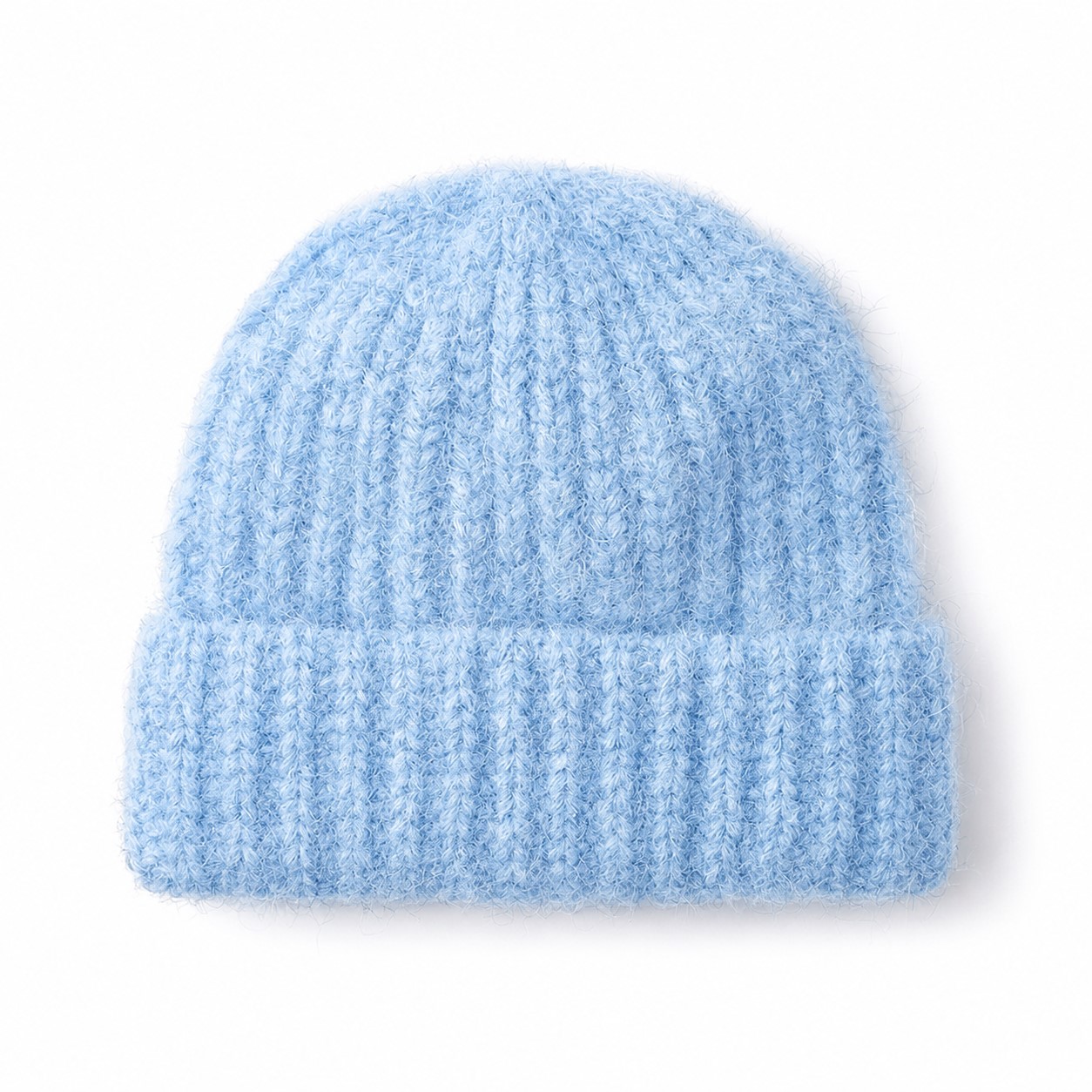 Fuzzy Polyester Cuffed Watch Beanie — Light Blue