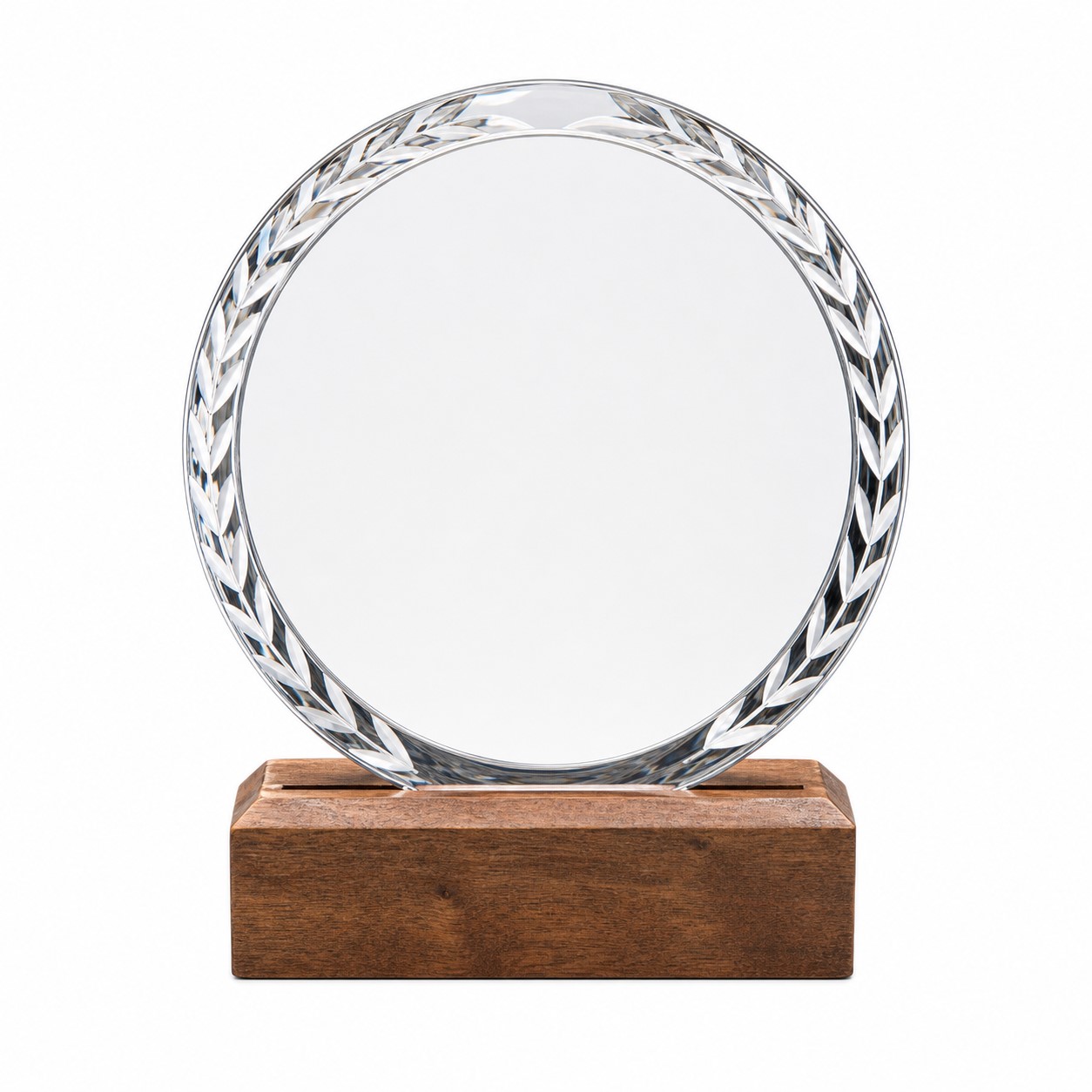Circular Crystal Glass Trophy With Wood Stand — view 2