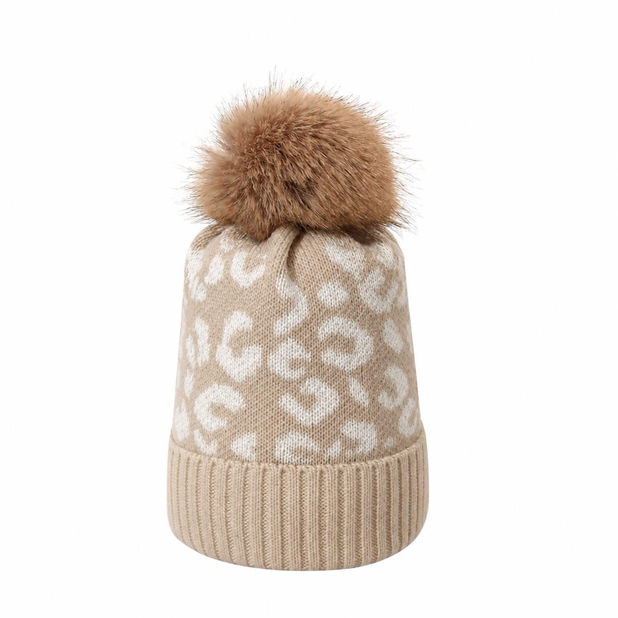 Leopard Print Polyester Pom Beanie — Beige