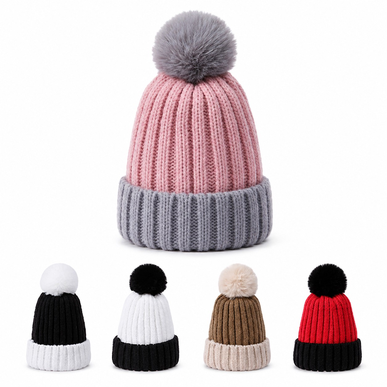 Polyester Rib Cuff Pom Beanie
