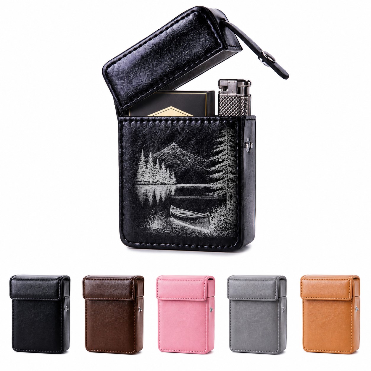 Stainless Steel PU Cigarette Case With Lighter Pocket