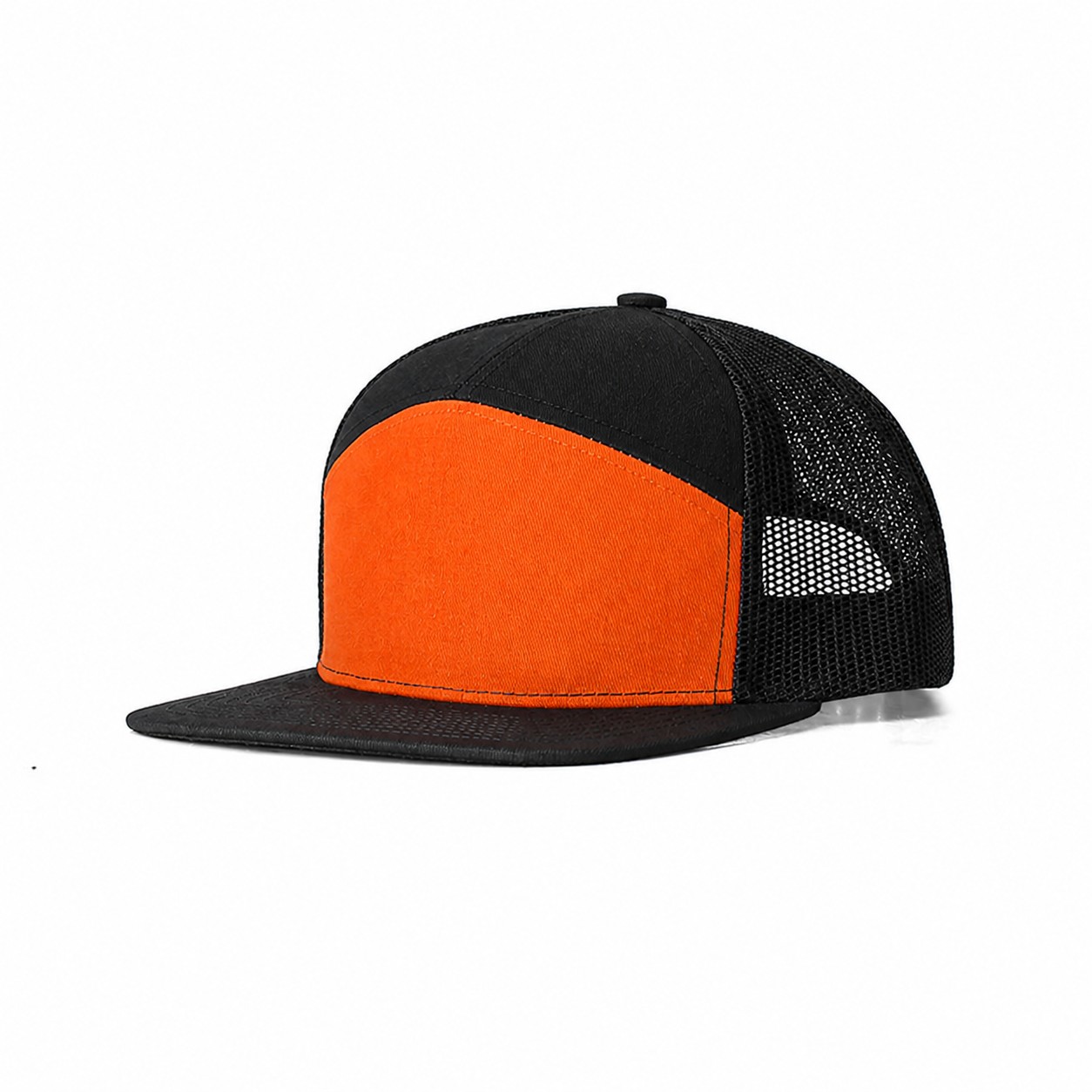 Cotton Seven Panel Trucker Cap — Orange/Black