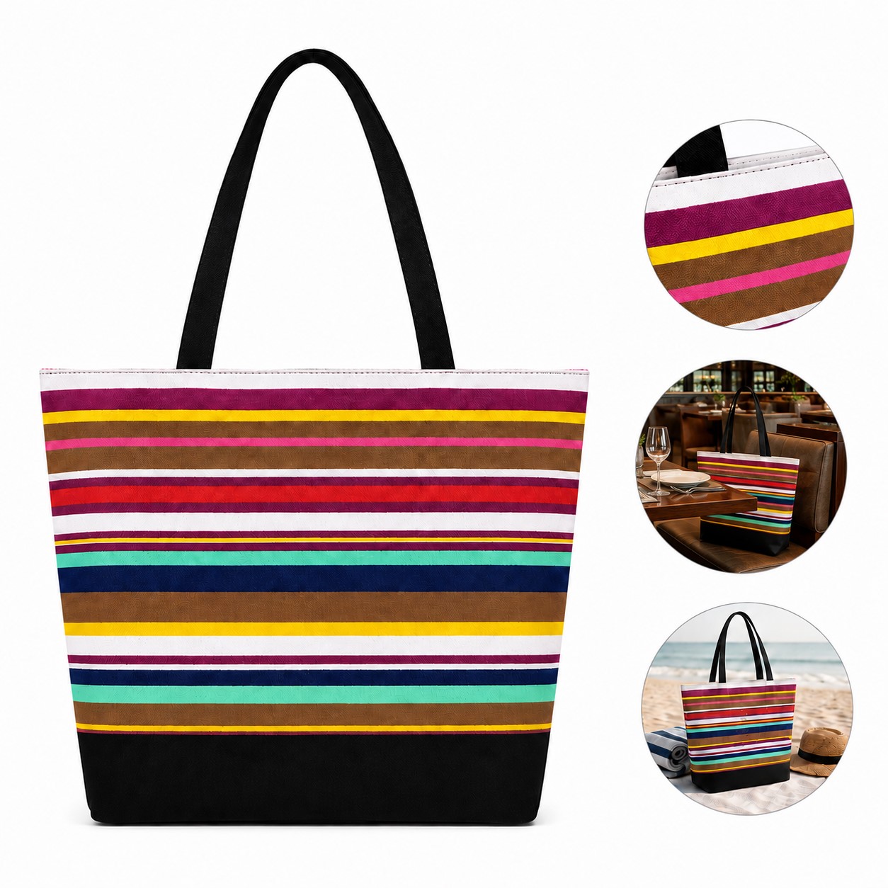 Canvas Shoulder Tote With Colorful Stripes