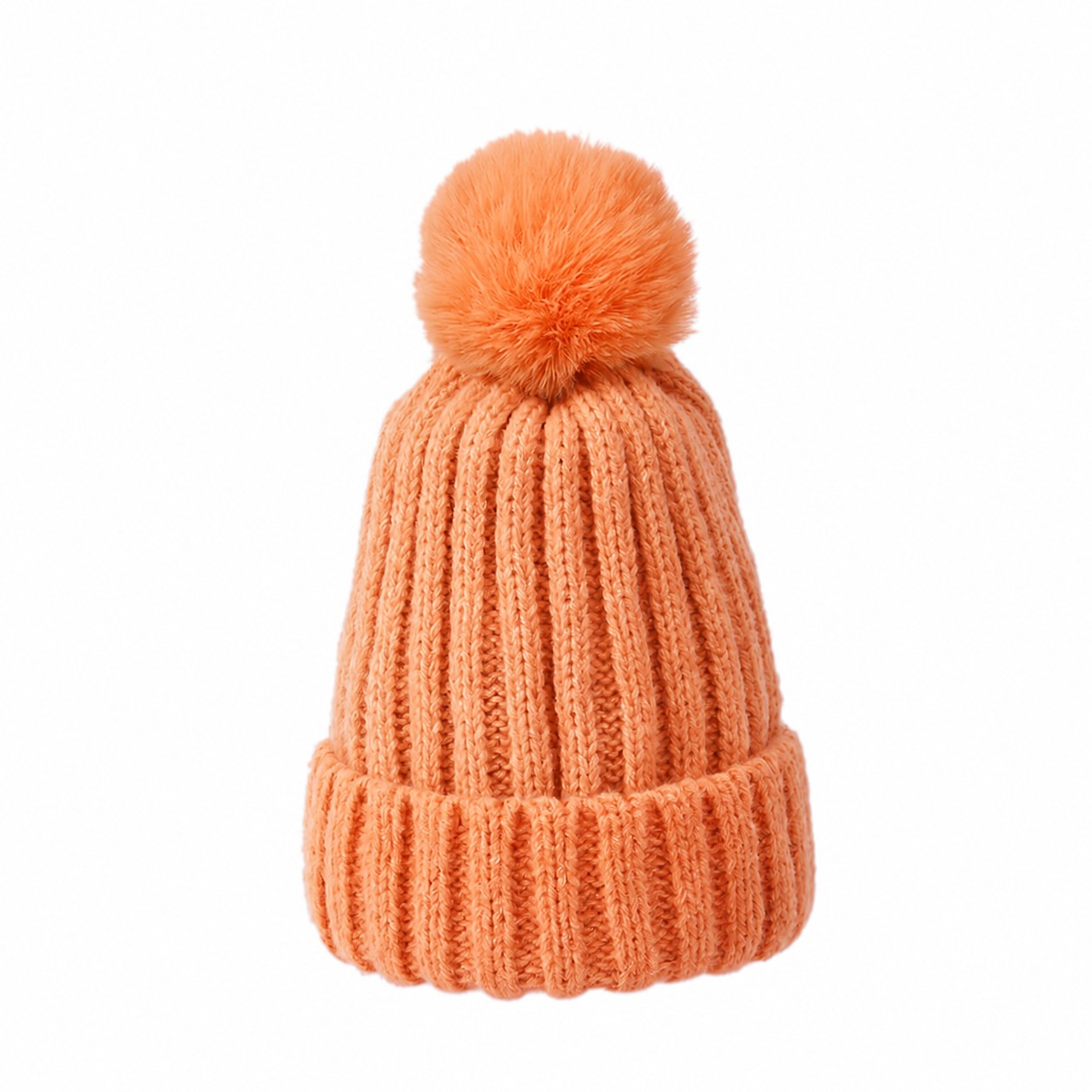 Polyester Rib Cuff Pom Beanie — Apricot Orange