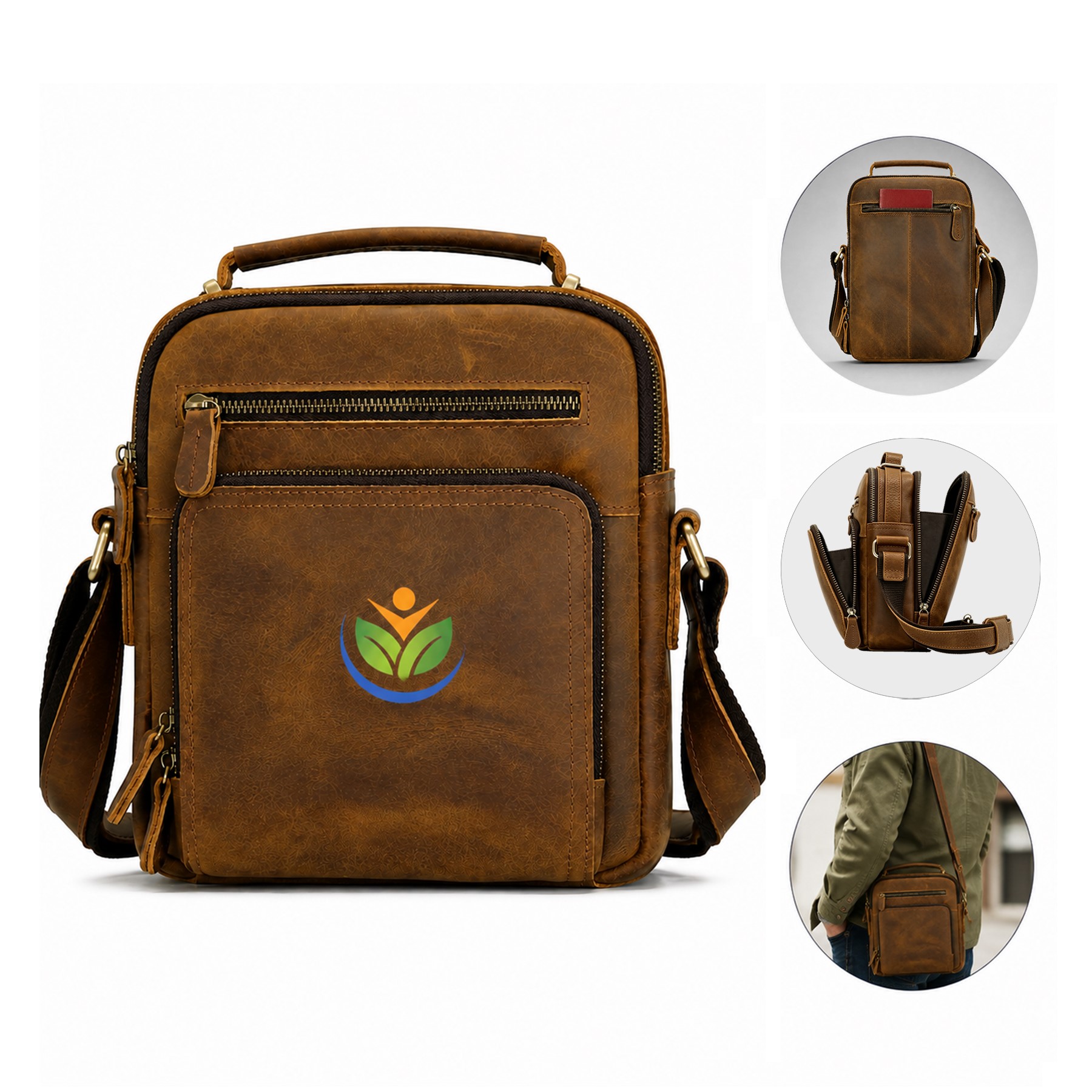 Upright Leather Shoulder Bag With Zippered Pockets — view 1