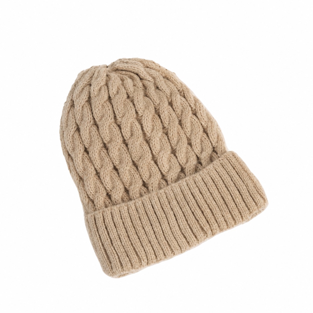 Oversized Polyester Cable Knit Beanie — Khaki Beige