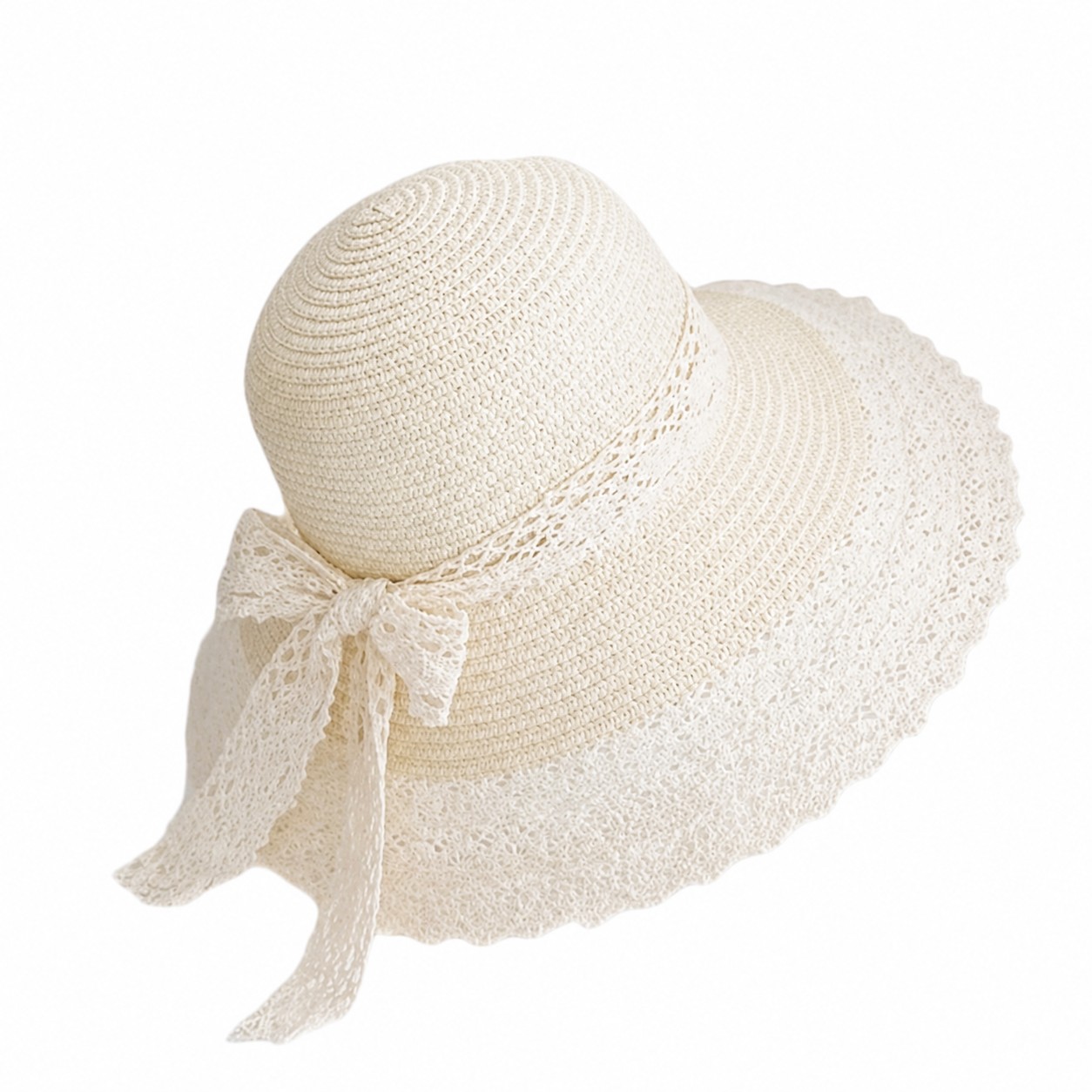 Lace Trim Straw Beach Hat — Cream White