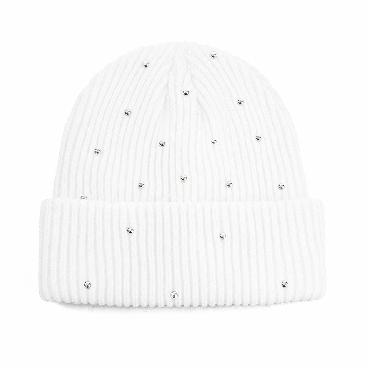 Polyester Rhinestone Cuffed Beanie — White