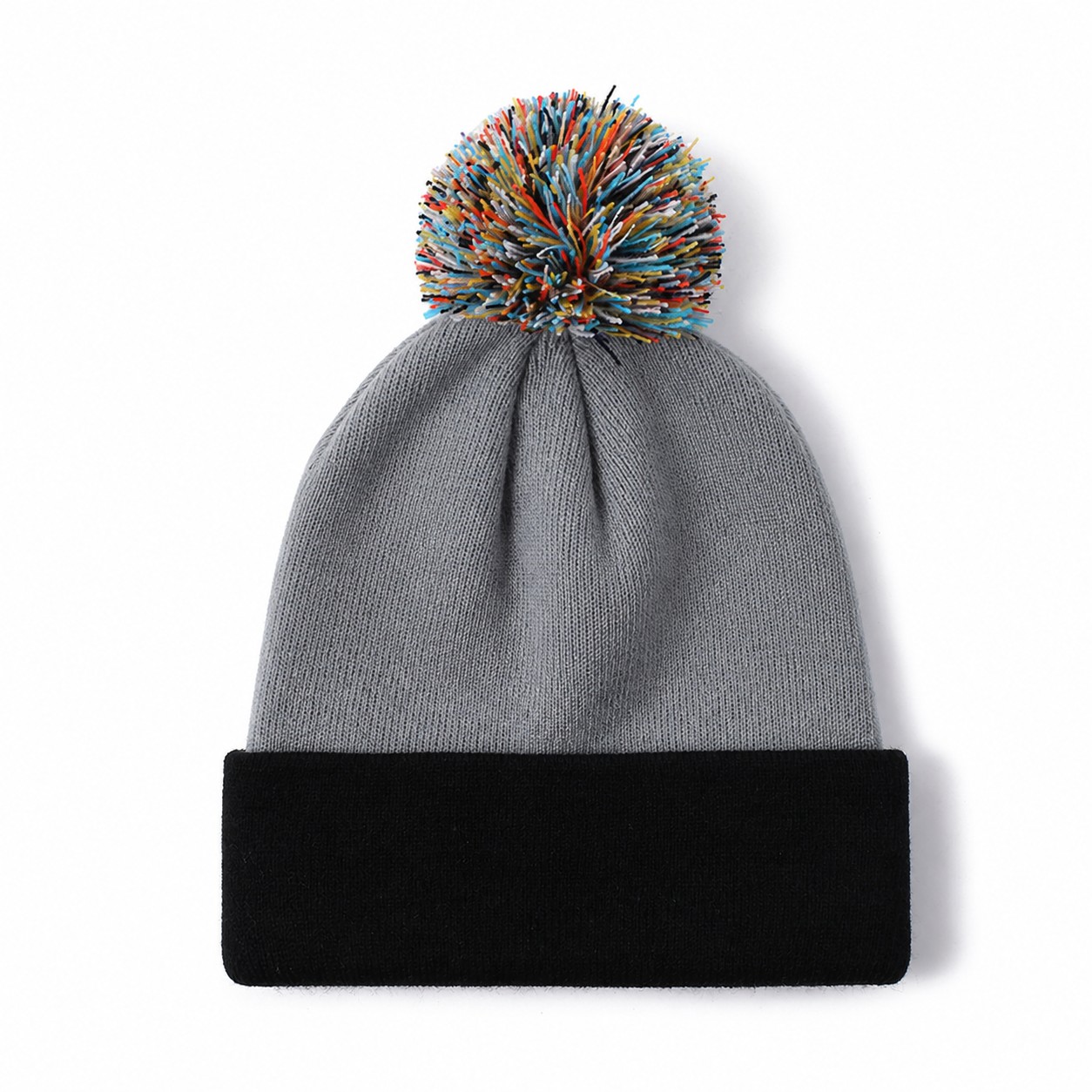 Polyester Pom Cuff Beanie — Gray