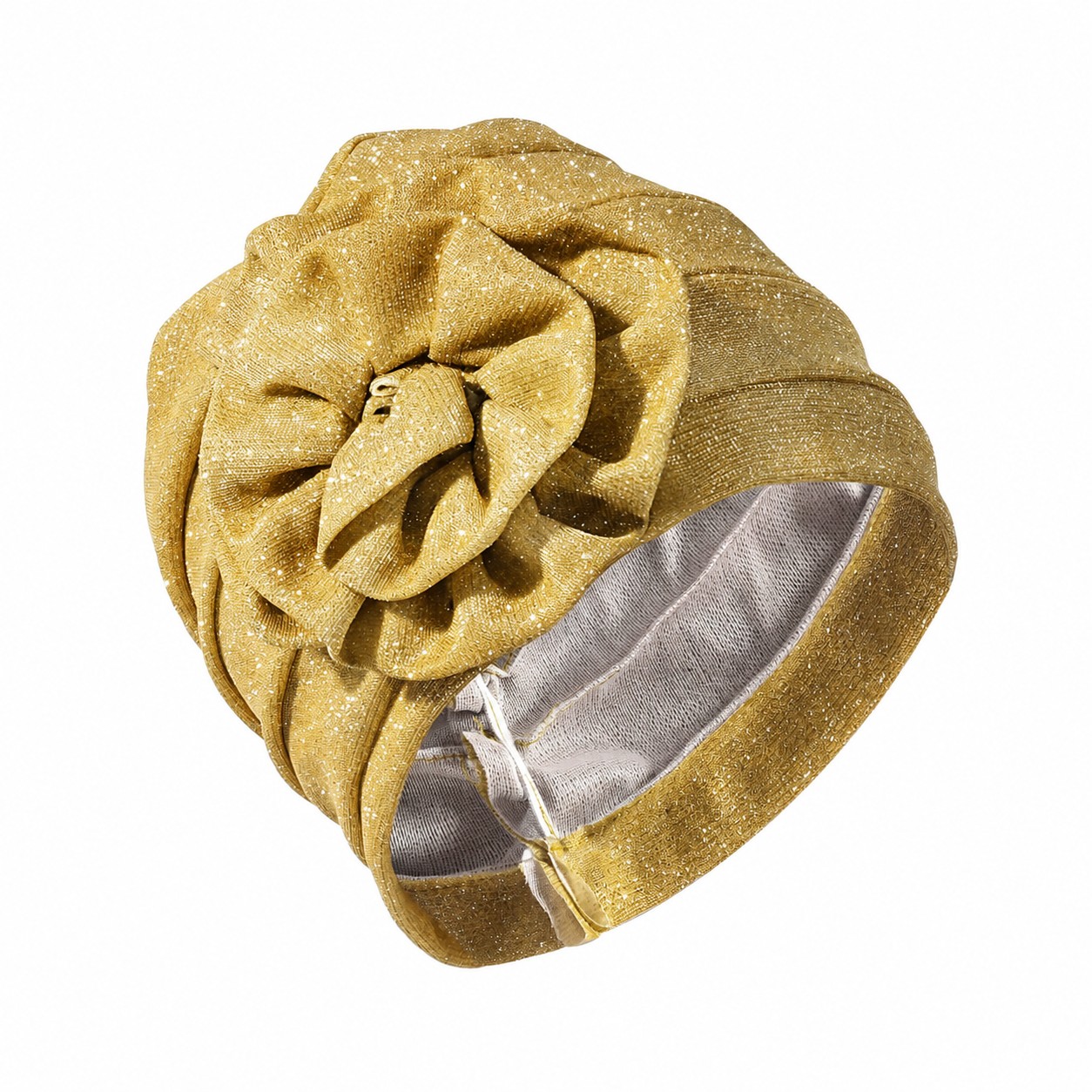 Shimmer Polyester Flower Turban Hat — Gold