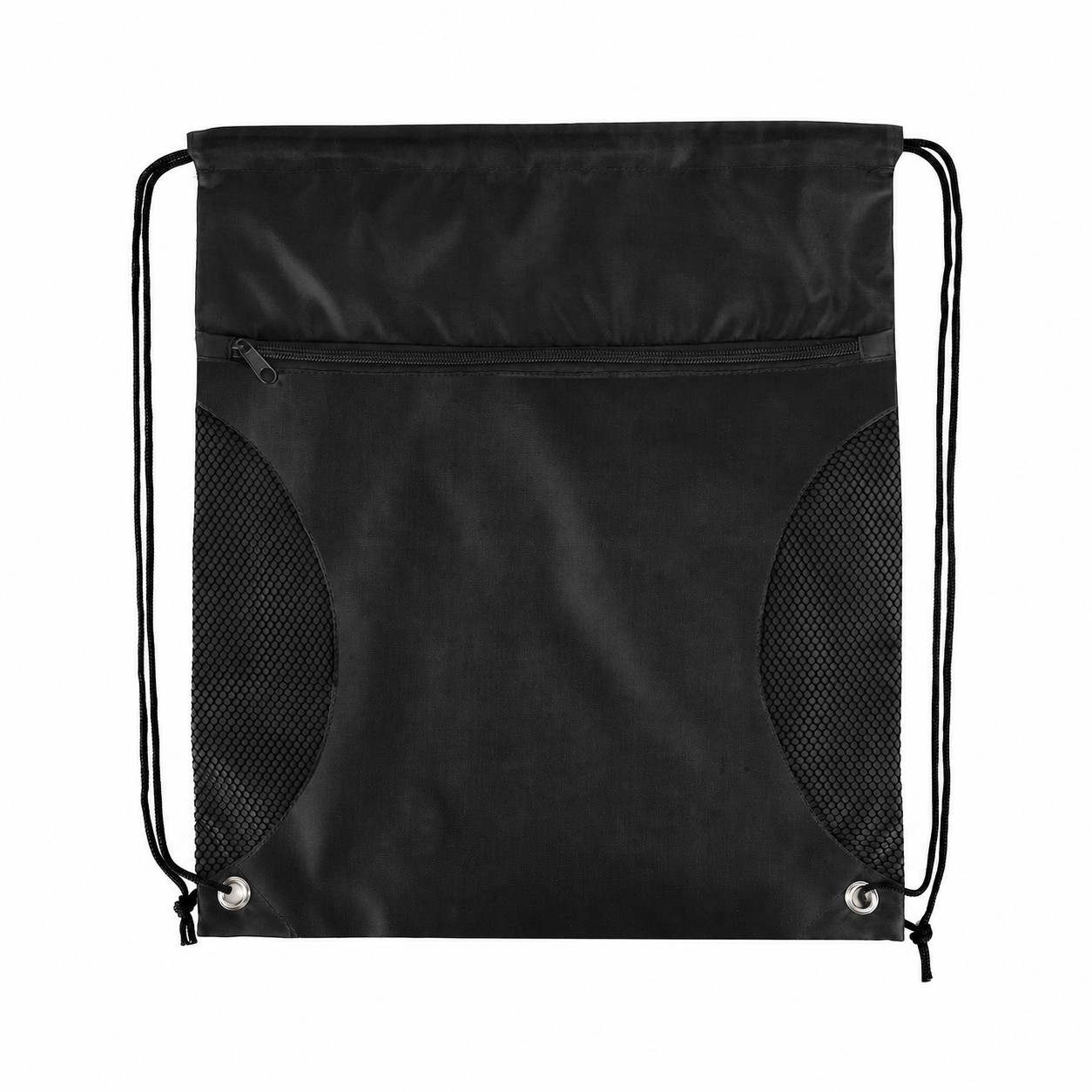 210D Polyester Mesh Pocket Drawstring Bag — Black
