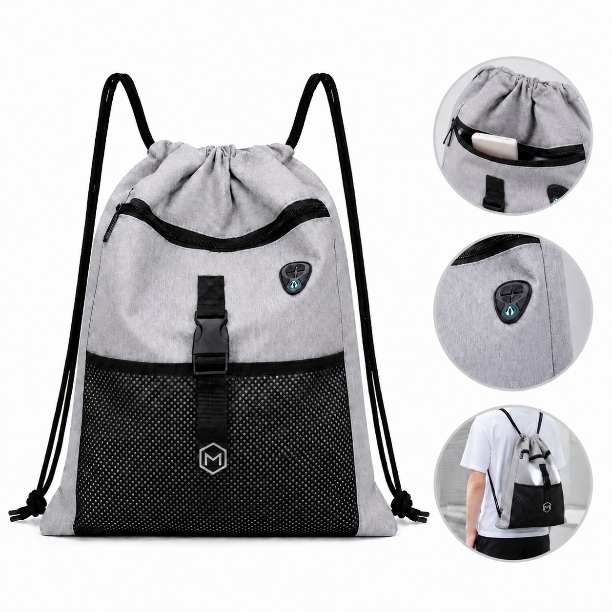 Mesh Pocket Polyester Drawstring Sports Backpack