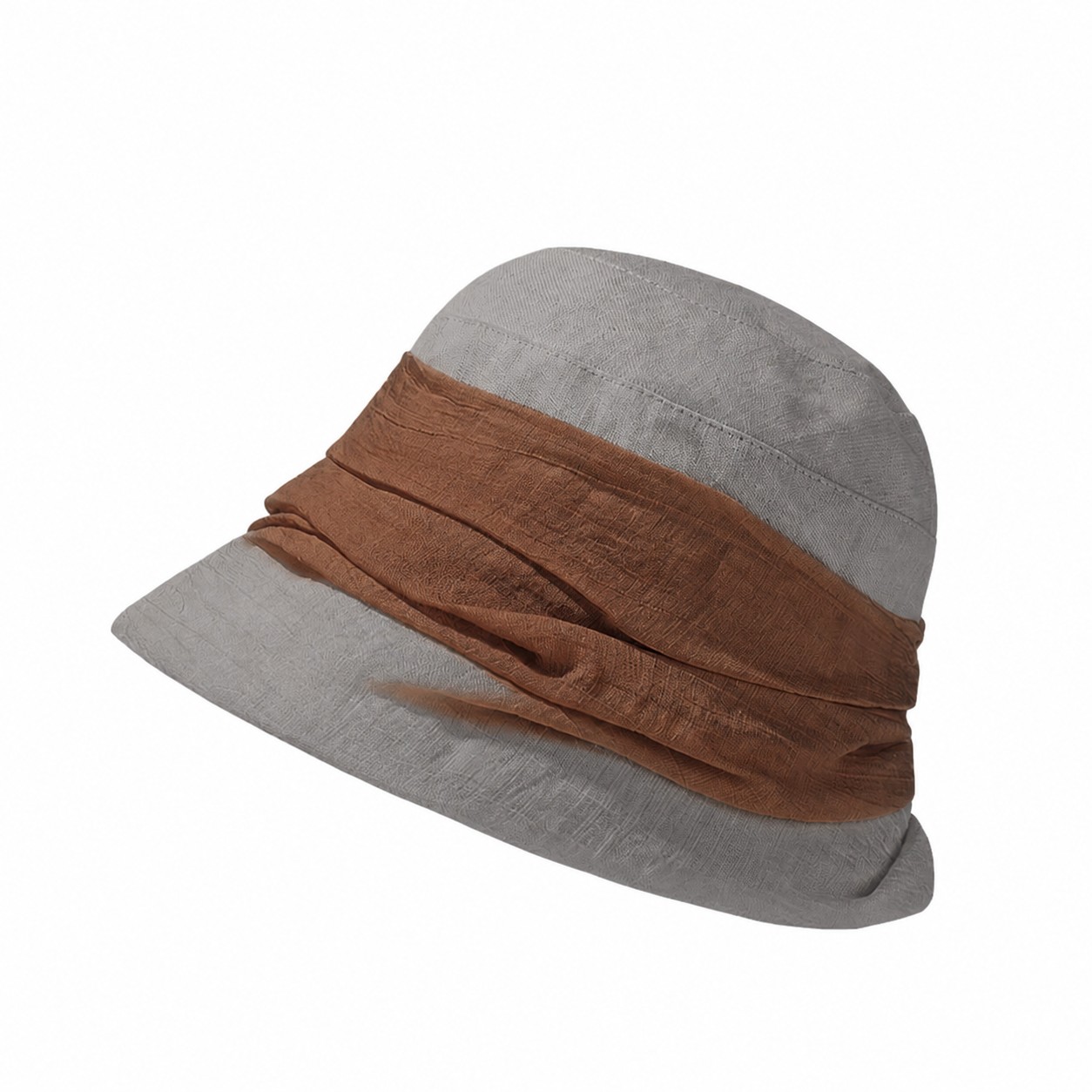 Pleated Polyester Cotton Bucket Hat — Gray/Brown