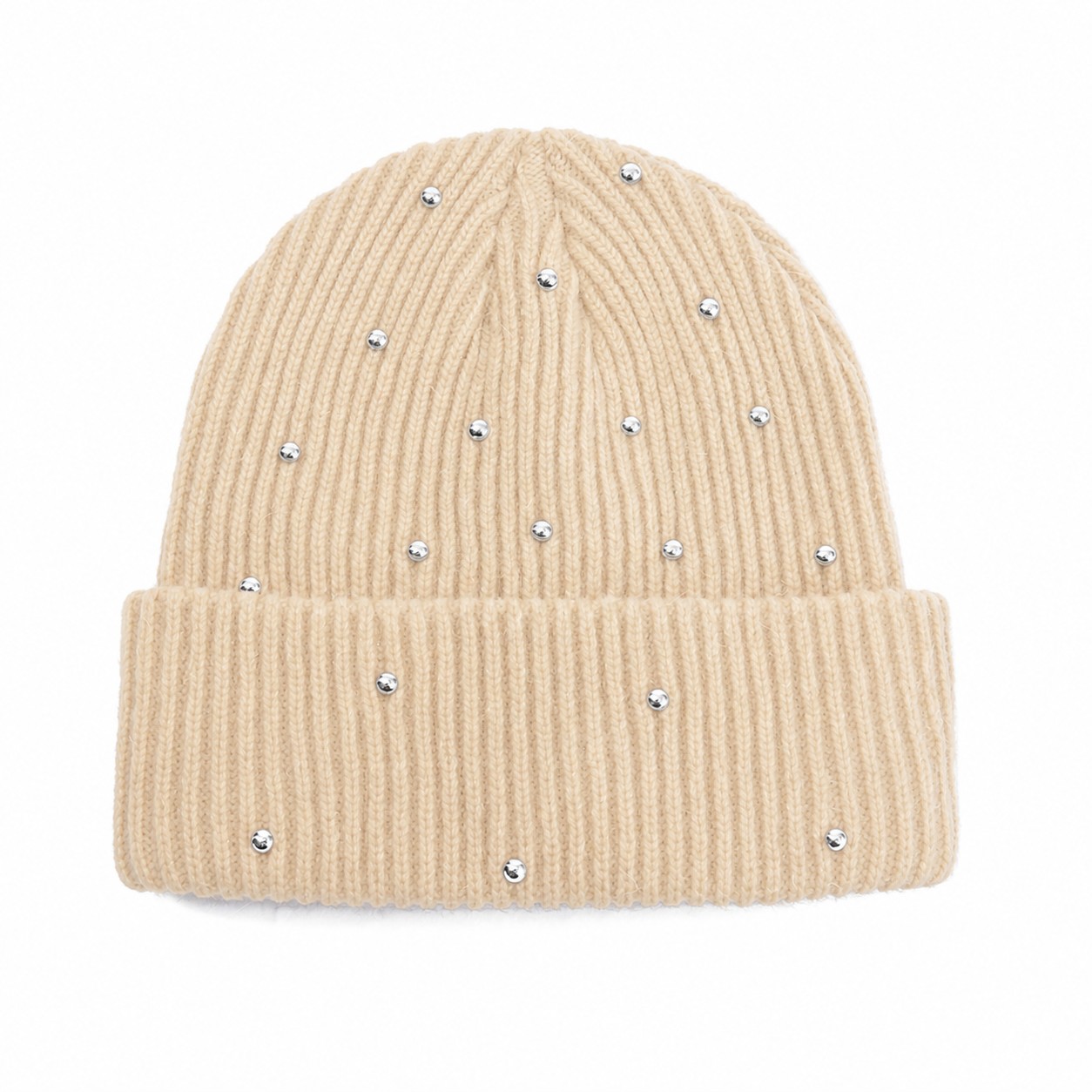Polyester Rhinestone Cuffed Beanie — Beige