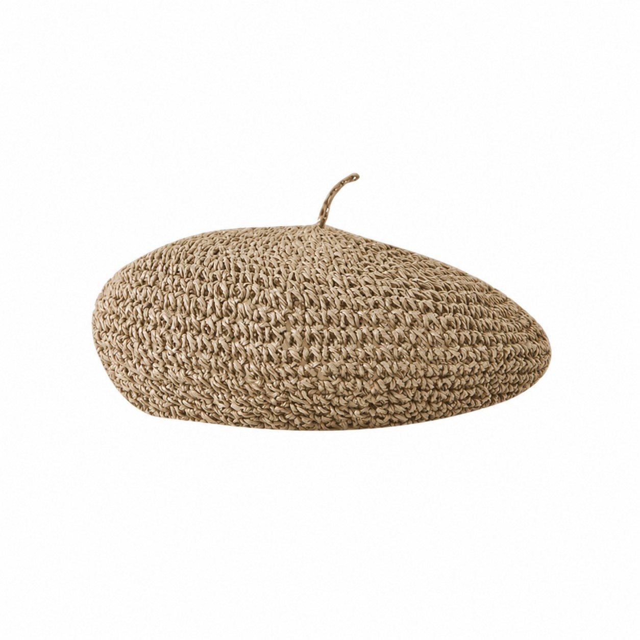 Straw Hollow Knit Beret Sun Hat — Khaki Beige