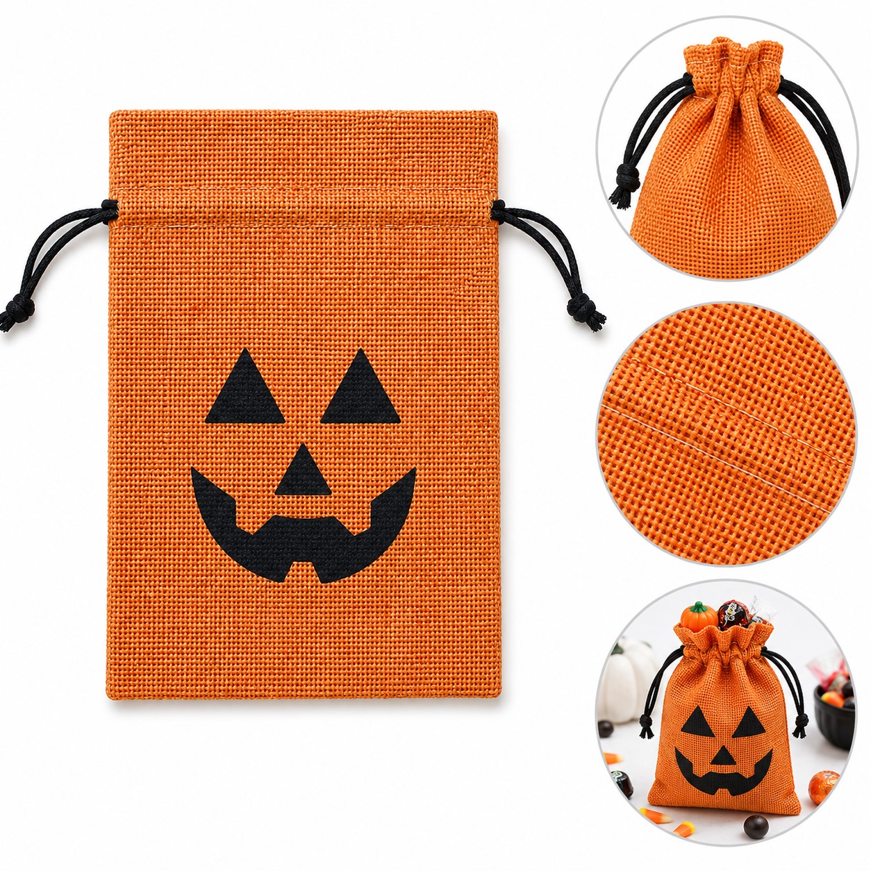 Linen Pumpkin Face Drawstring Treat Bag
