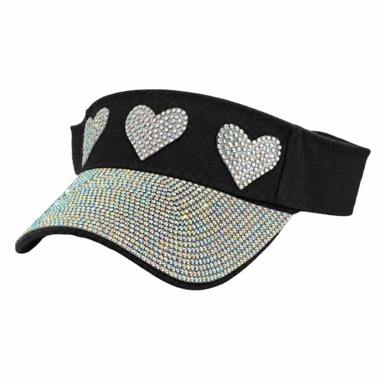 Rhinestone Heart Open Crown Visor Cap — Black