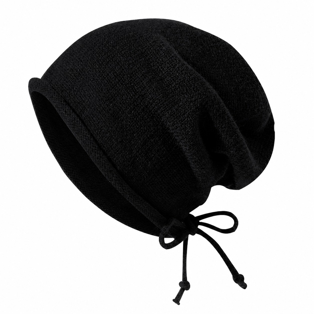 Drawstring Polyester Slouch Beanie — Black