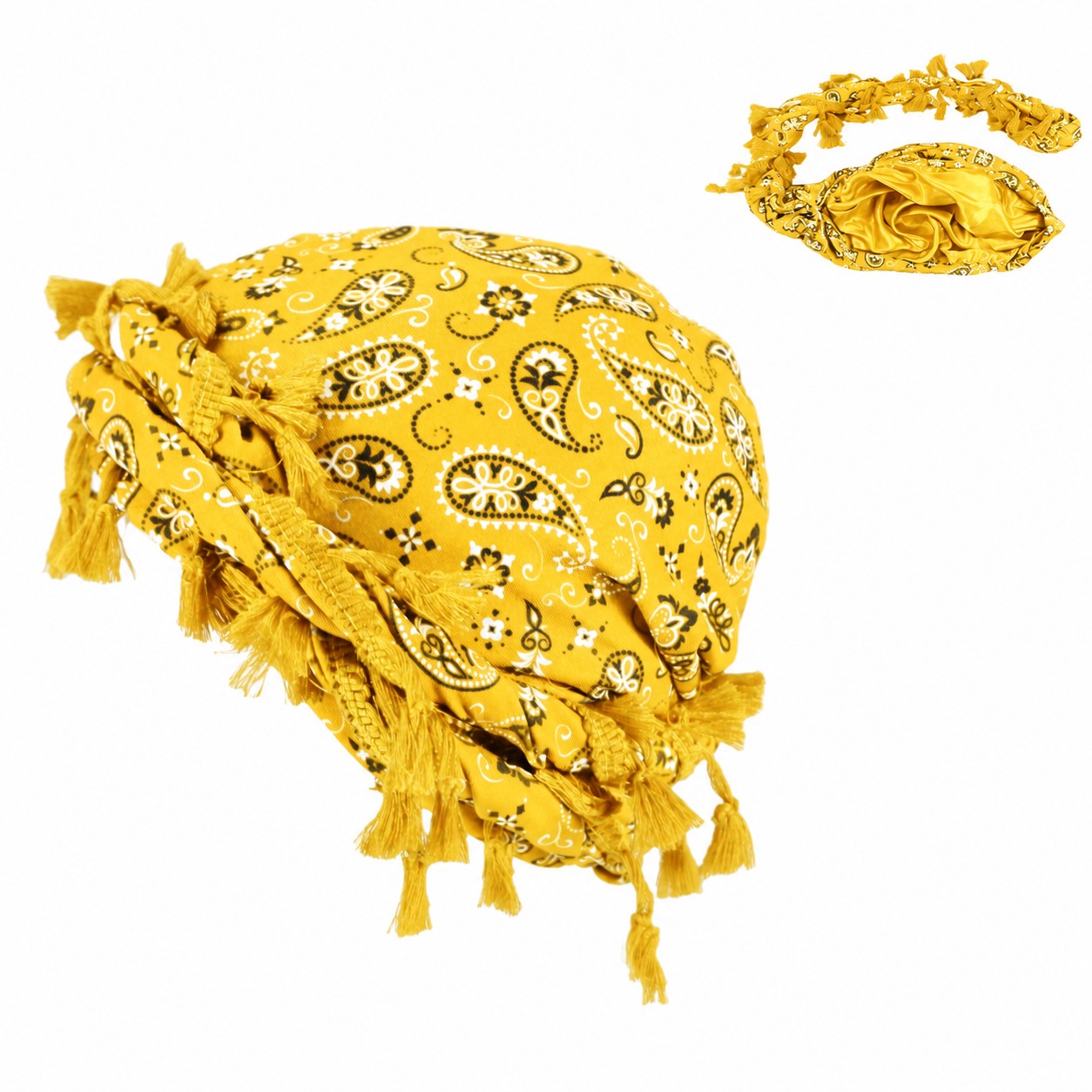 Polyester Paisley Tassel Turban Cap — Yellow