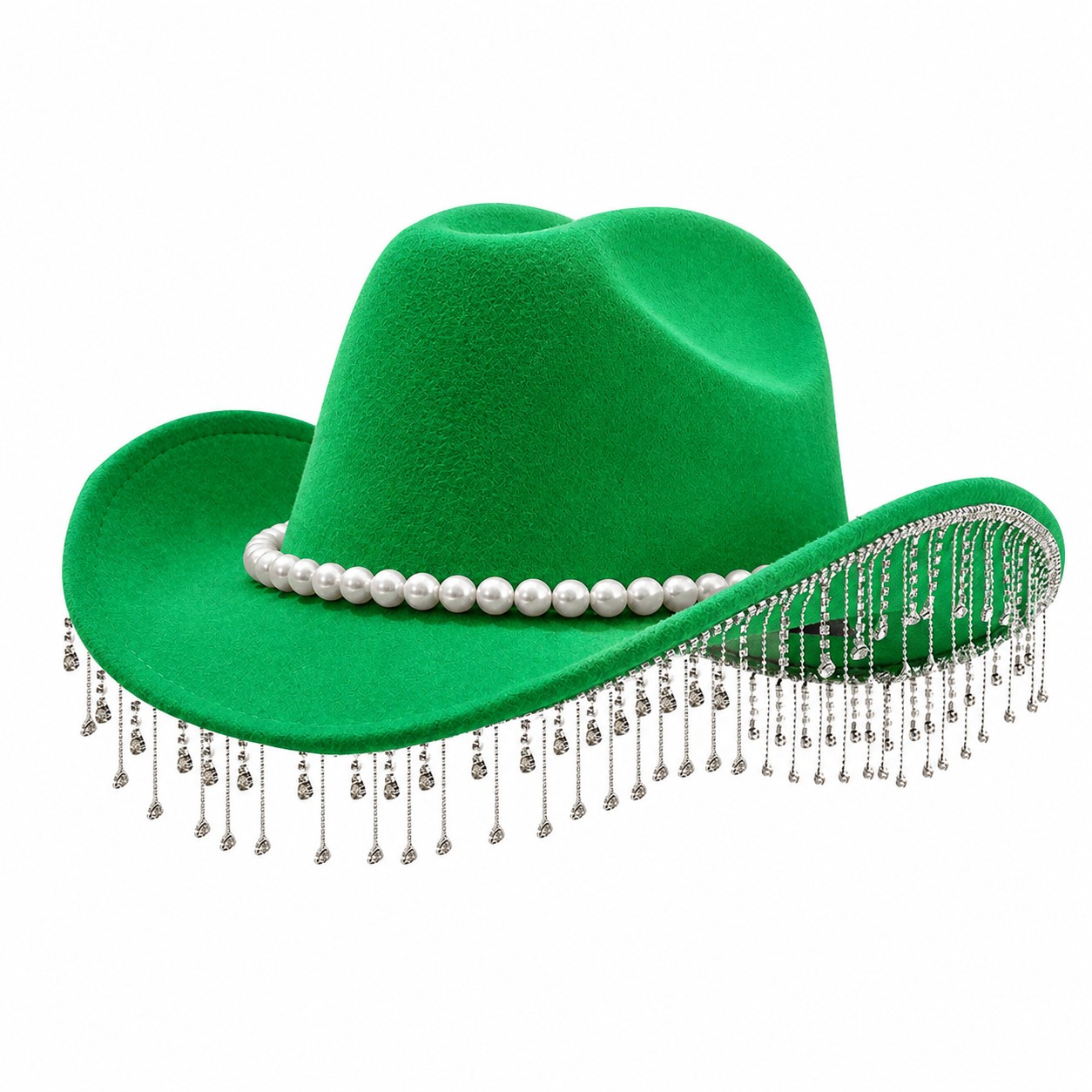 Pearl Fringe Polyester Fedora Hat — Green