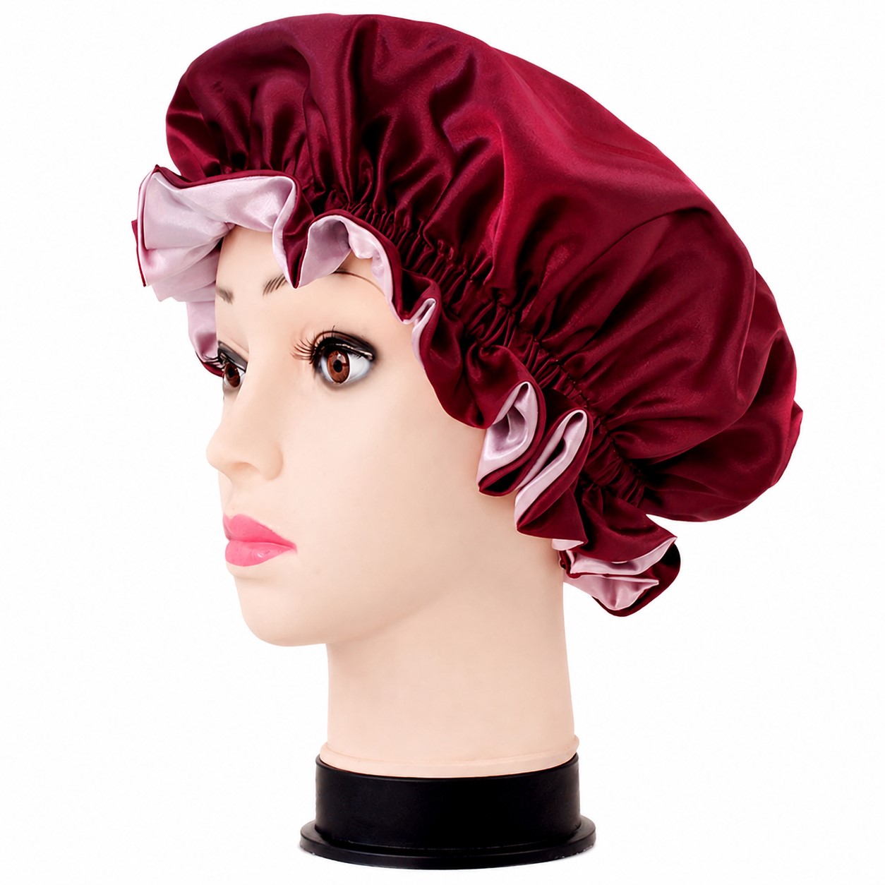 Double Layer Ruffle Satin Bonnet — Wine Red