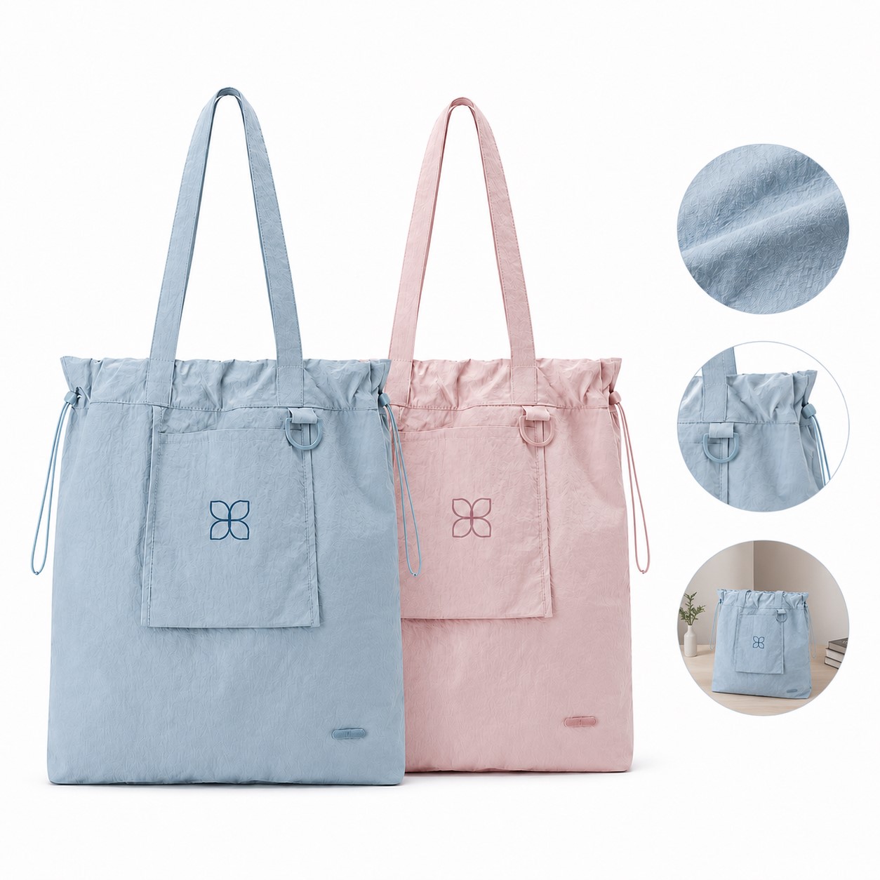 Drawstring Fabric Shoulder Tote With Front Pocket