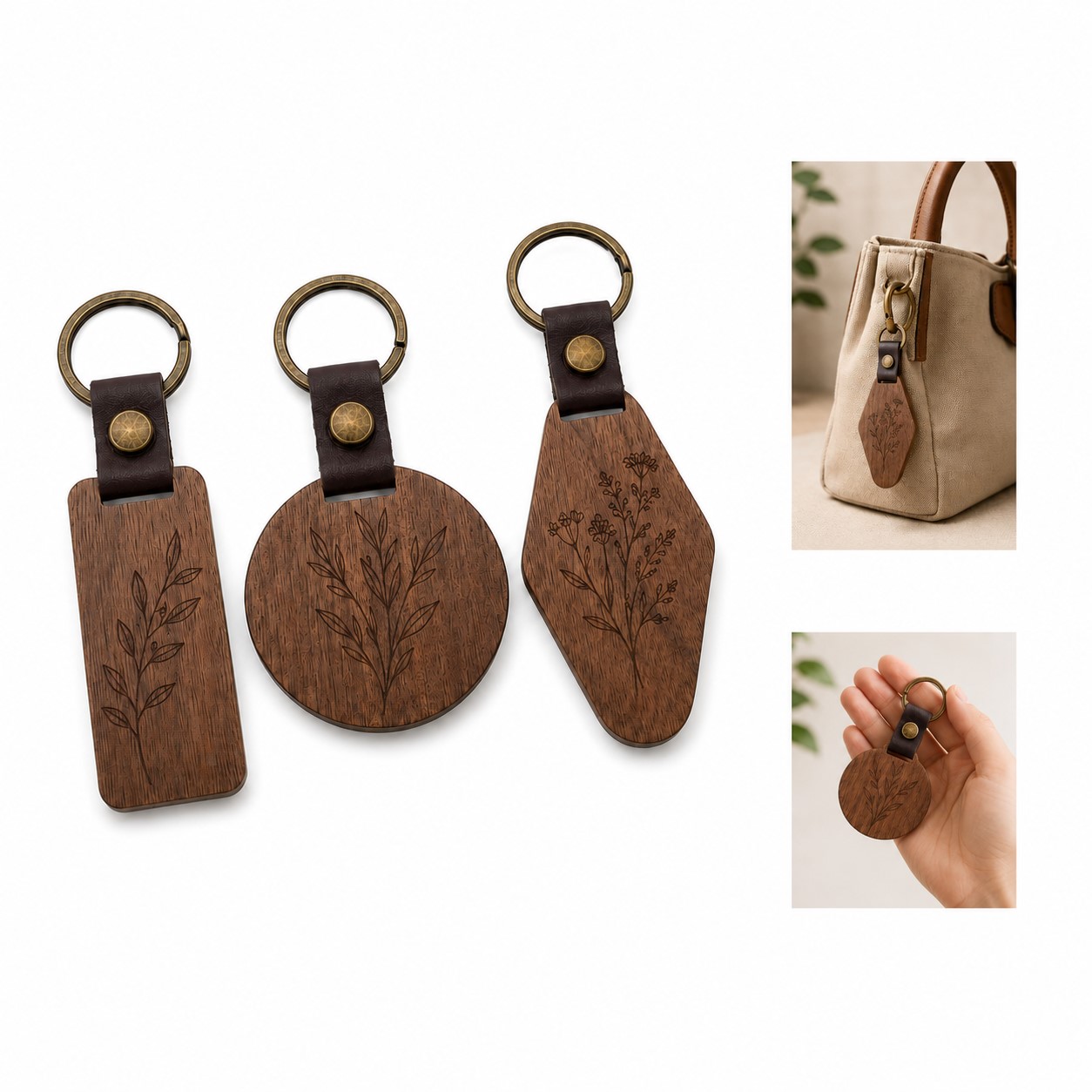 Wood Keychain Blank With PU Strap