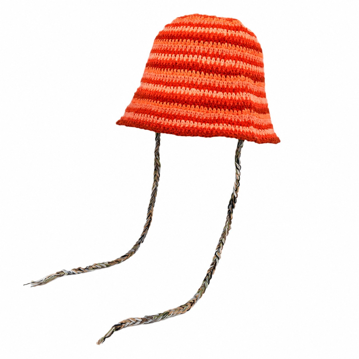 Striped Knit Bucket Hat With Tassel Ties — Orange Red
