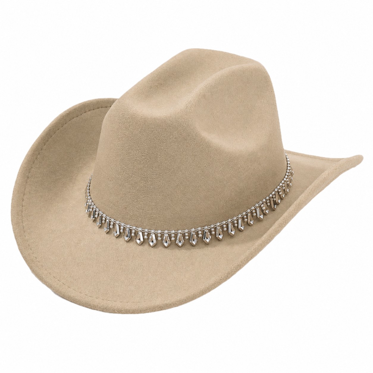 Rhinestone Band Polyester Cowboy Hat — Khaki Beige