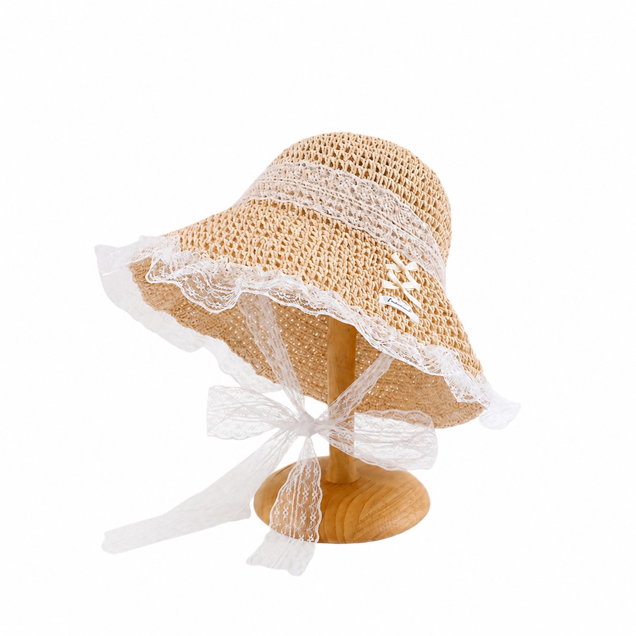 Straw Sun Hat With Lace Trim — Beige