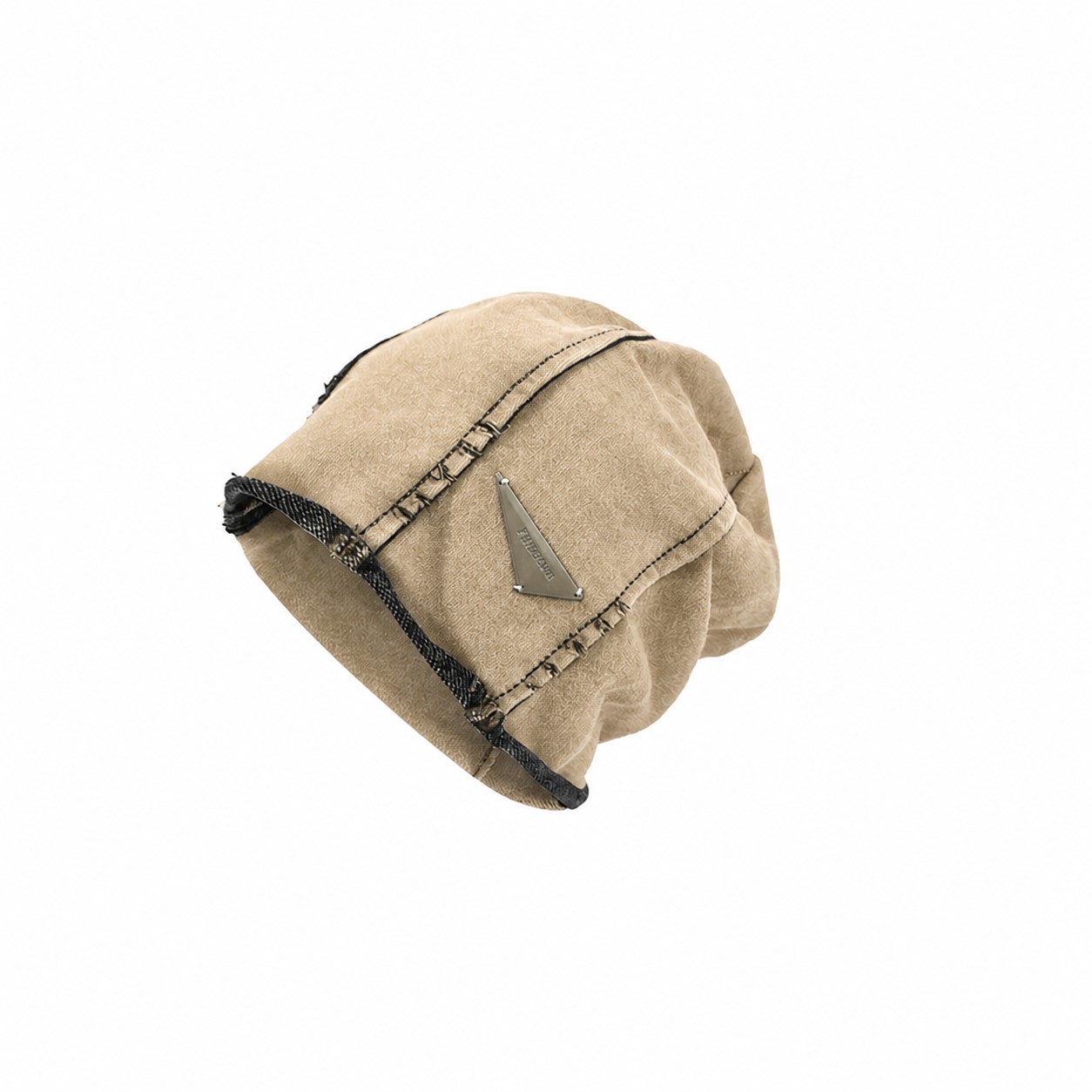 Distressed Polyester Head Wrap Beanie — Beige