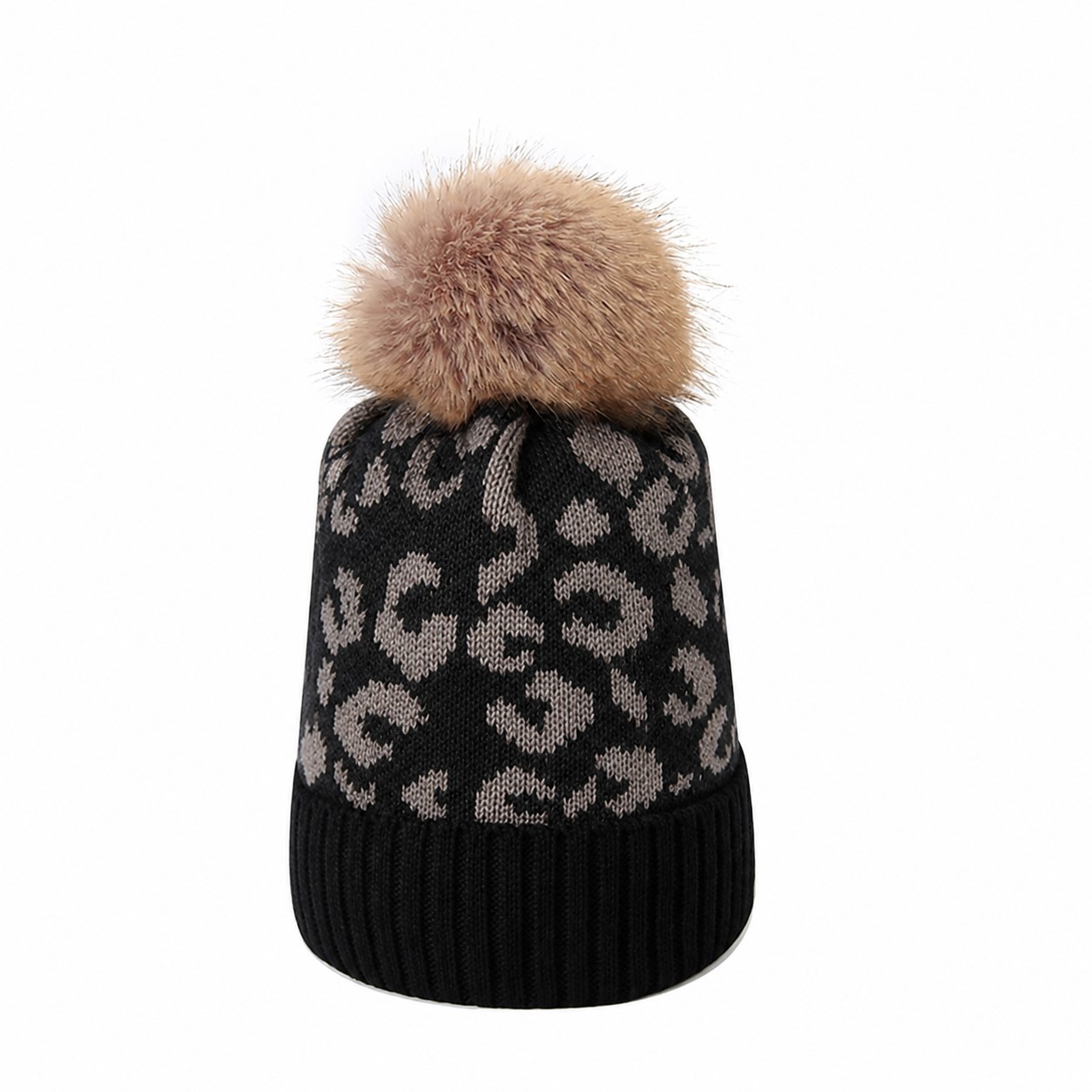 Leopard Print Polyester Pom Beanie — Black
