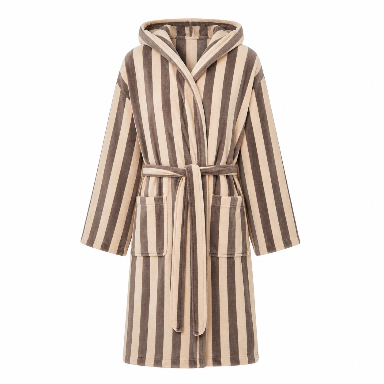 Striped Fleece Hooded Bathrobe With Tie Belt — view 2