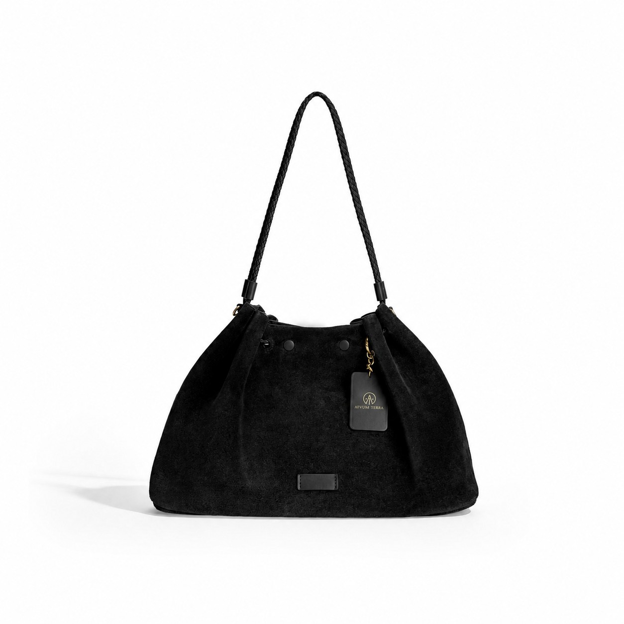 Suede Drawstring Shoulder Bag — Black