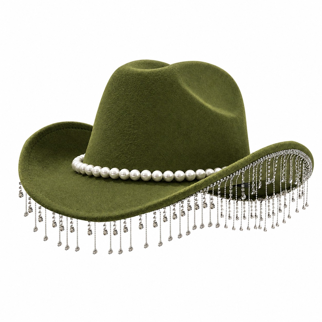 Pearl Fringe Polyester Fedora Hat — Army Green