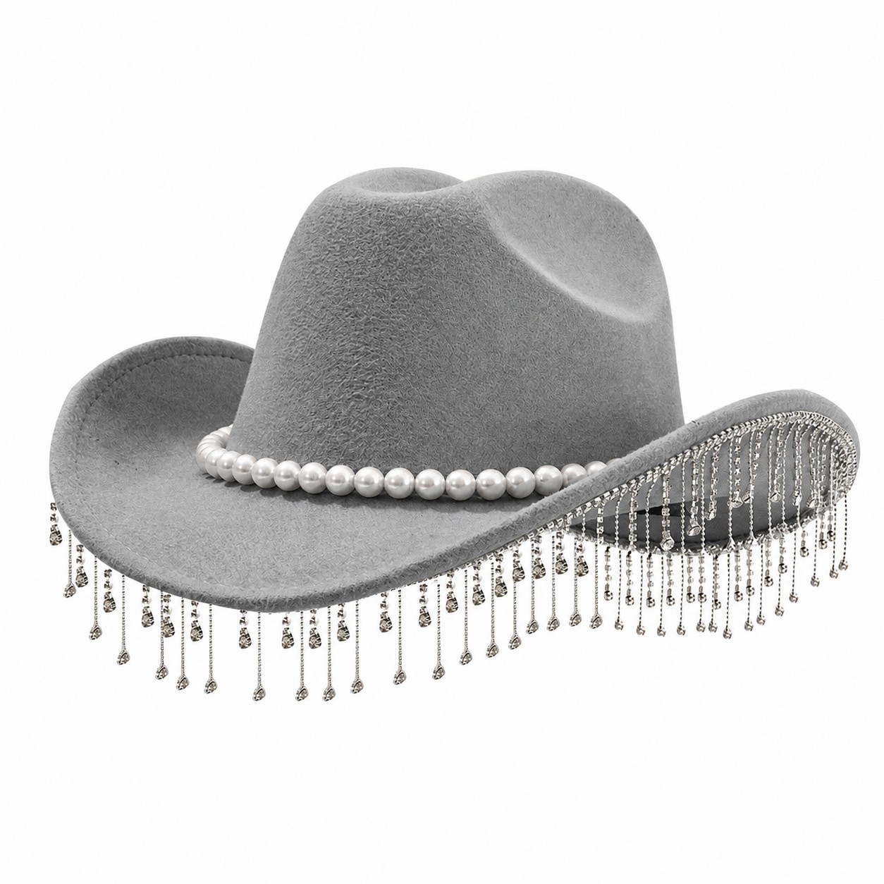 Pearl Fringe Polyester Fedora Hat — Gray